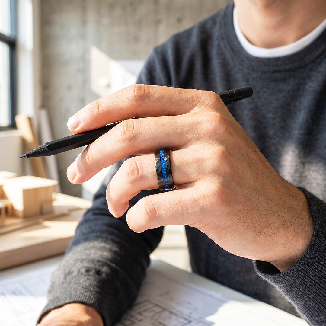 Crest | IP Black Hammered Blue Opal Inlay Tungsten Carbide Men&