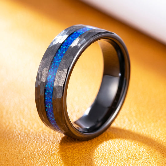 Crest | IP Black Hammered Blue Opal Inlay Tungsten Carbide Men&
