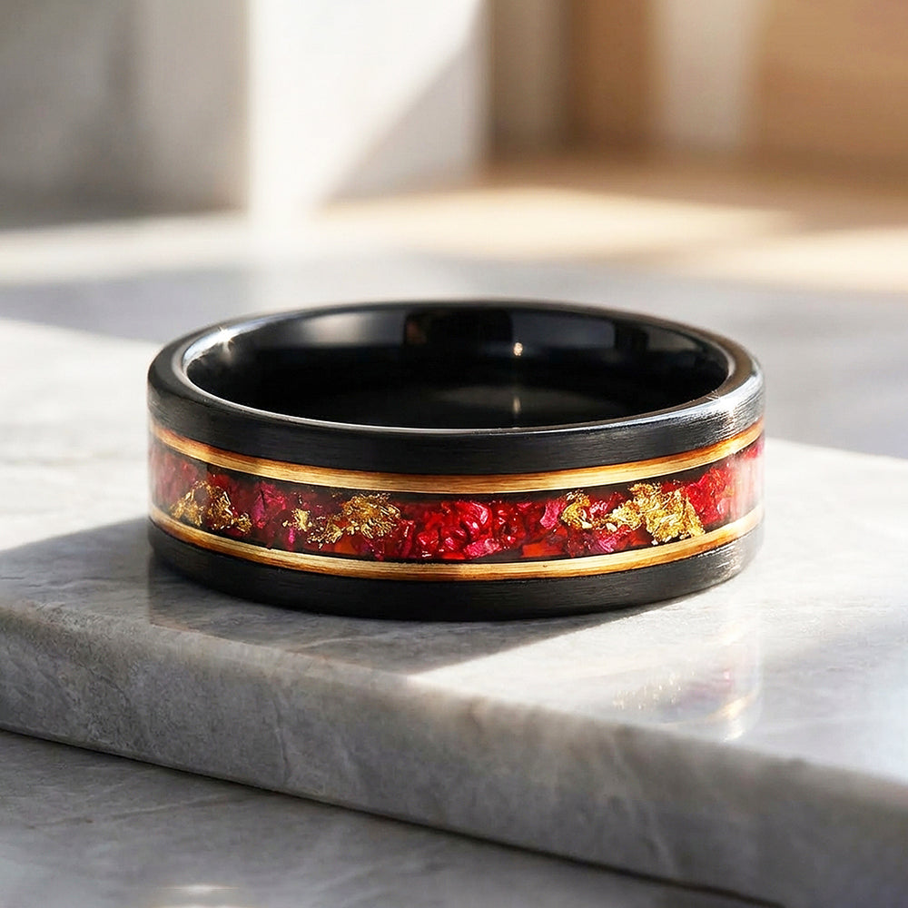 Crimson Forge Brushed Red Stone Gold Foil Inlay Black Tungsten Carbide Ring