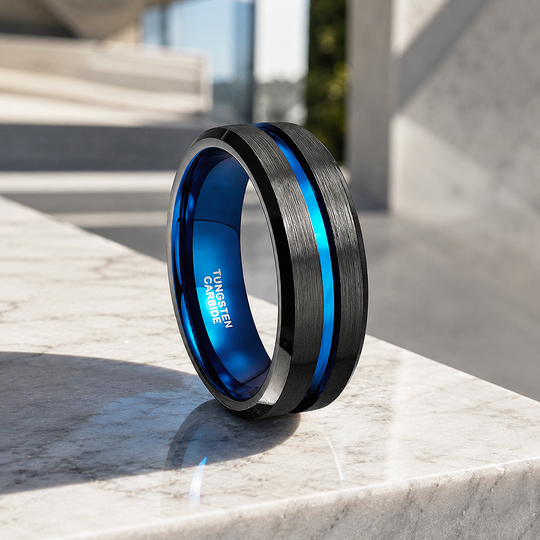 Earric | Brushed Black Blue Channel Tungsten Carbide Men&
