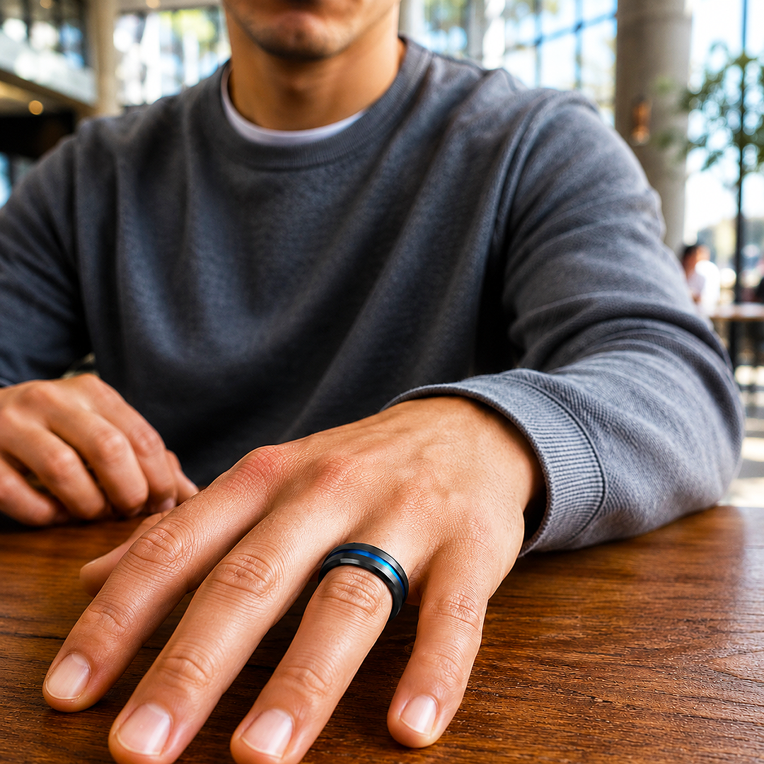 Earric | Brushed Black Blue Channel Tungsten Carbide Men&