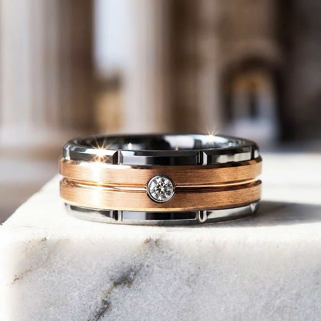 Ekon Brushed Rose Gold Solitaire Two-Tone Tungsten Carbide Ring