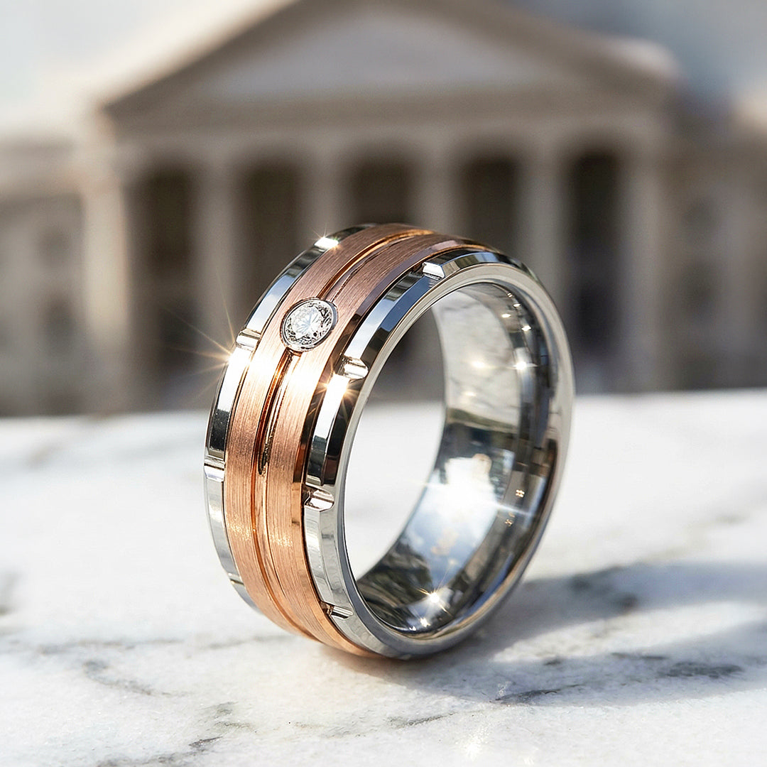 Ekon Brushed Rose Gold Solitaire Two-Tone Tungsten Carbide Ring