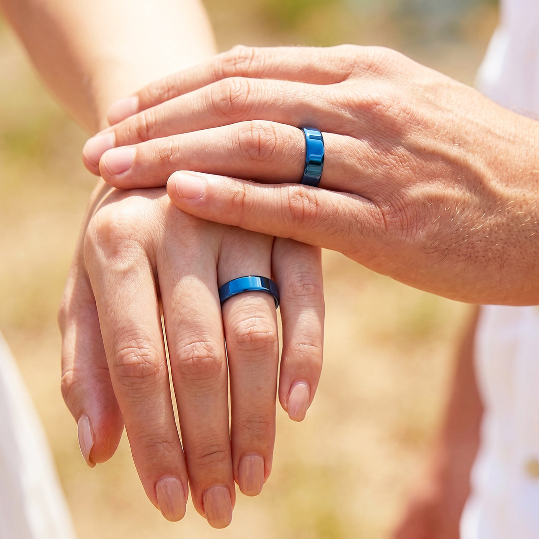 Essential Blue Couple Rings | Matching Flat Blue Stainless Steel Couple Rings