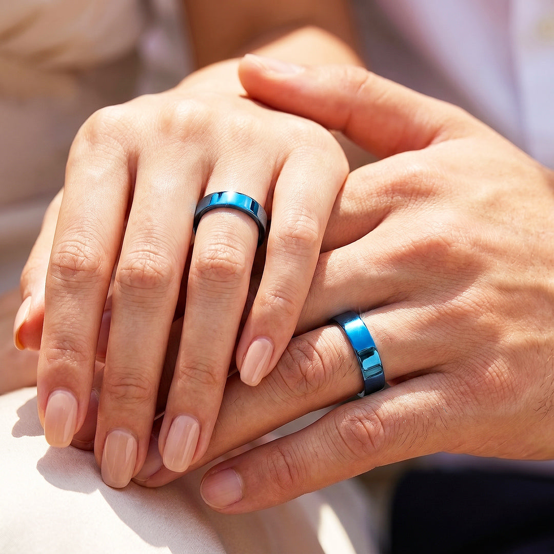 Essential Blue Couple Rings | Matching Flat Blue Stainless Steel Couple Rings