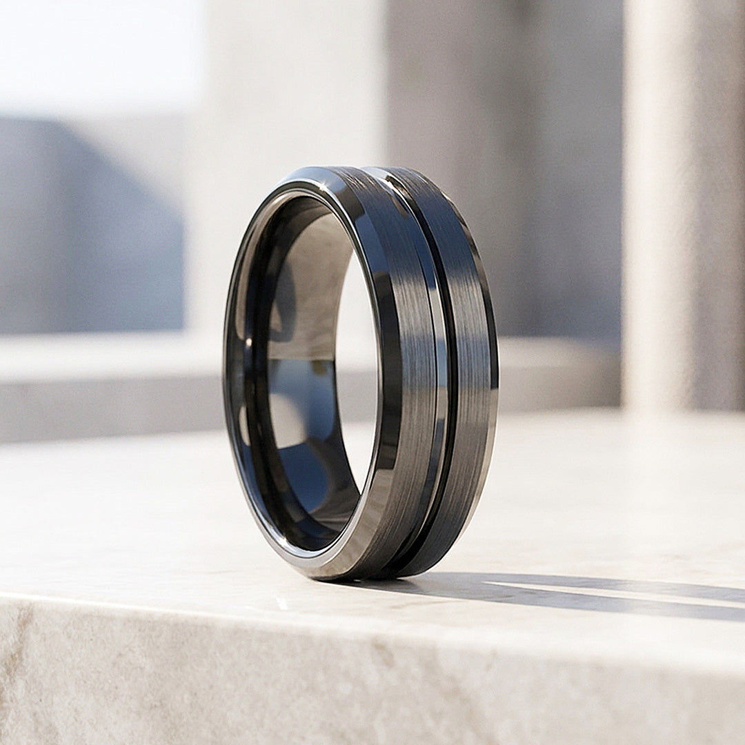 Evert | Black Brushed Center Groove Tungsten Ring | Men&