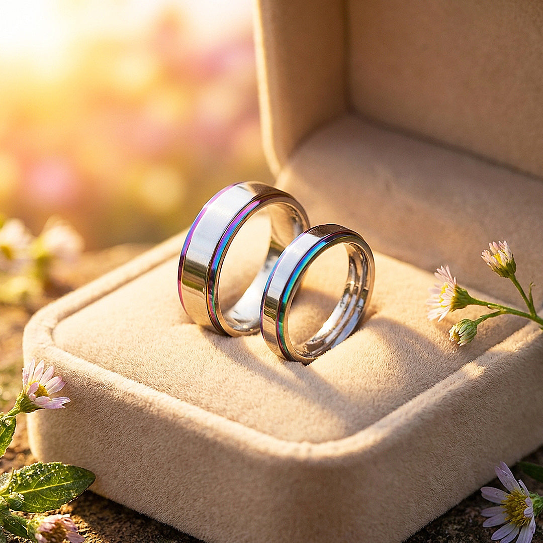 Fantasy | High-Polished Rainbow Grooved Flat Wedding Band