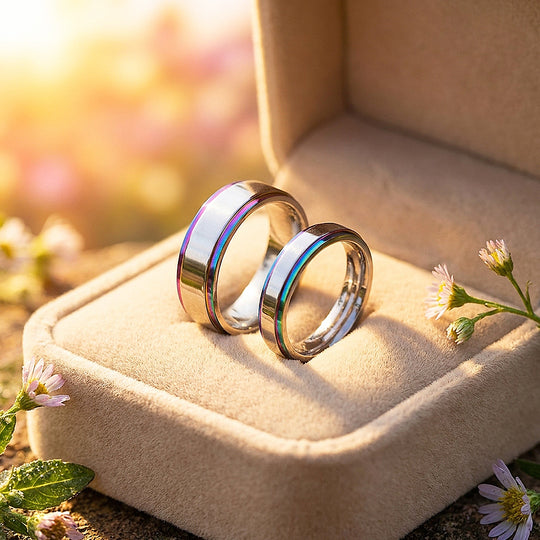 Fantasy | High-Polished Rainbow Grooved Flat Wedding Band