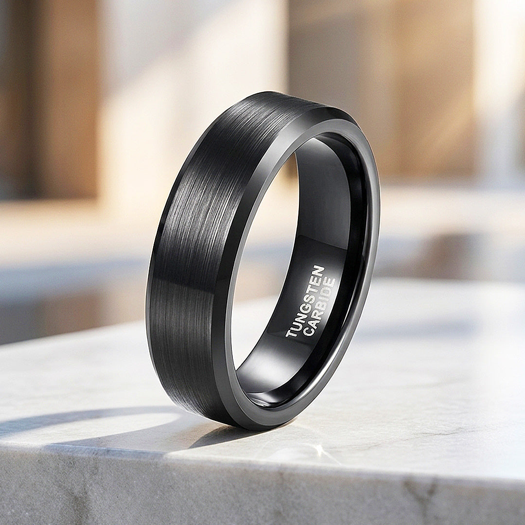 Fay | Black Brushed Bevelled Edge Tungsten Carbide | Men&