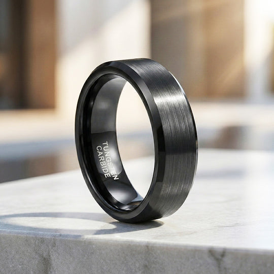 Fay | Black Brushed Bevelled Edge Tungsten Carbide | Men&