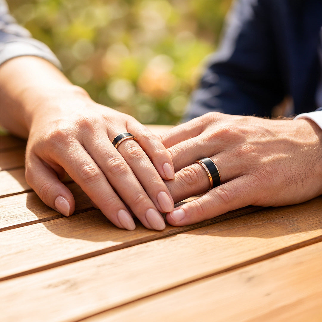 Finnick | Tungsten Couple Rings | Black & Rose Gold Wedding Bands