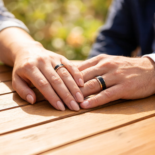 Finnick | Tungsten Couple Rings | Black & Rose Gold Wedding Bands