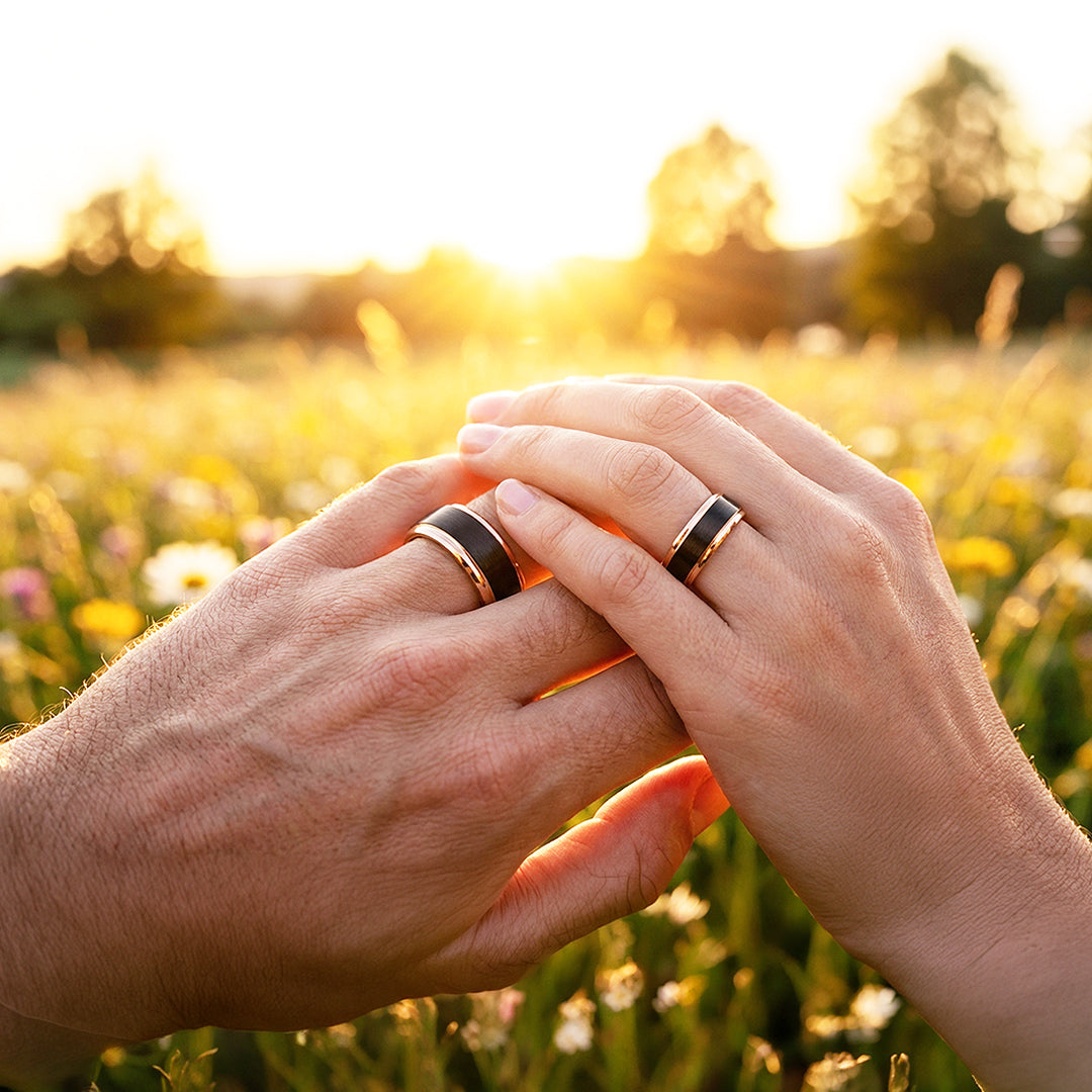 Finnick | Tungsten Couple Rings | Black & Rose Gold Wedding Bands