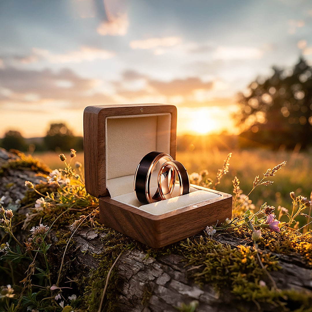 Finnick | Tungsten Couple Rings | Black & Rose Gold Wedding Bands