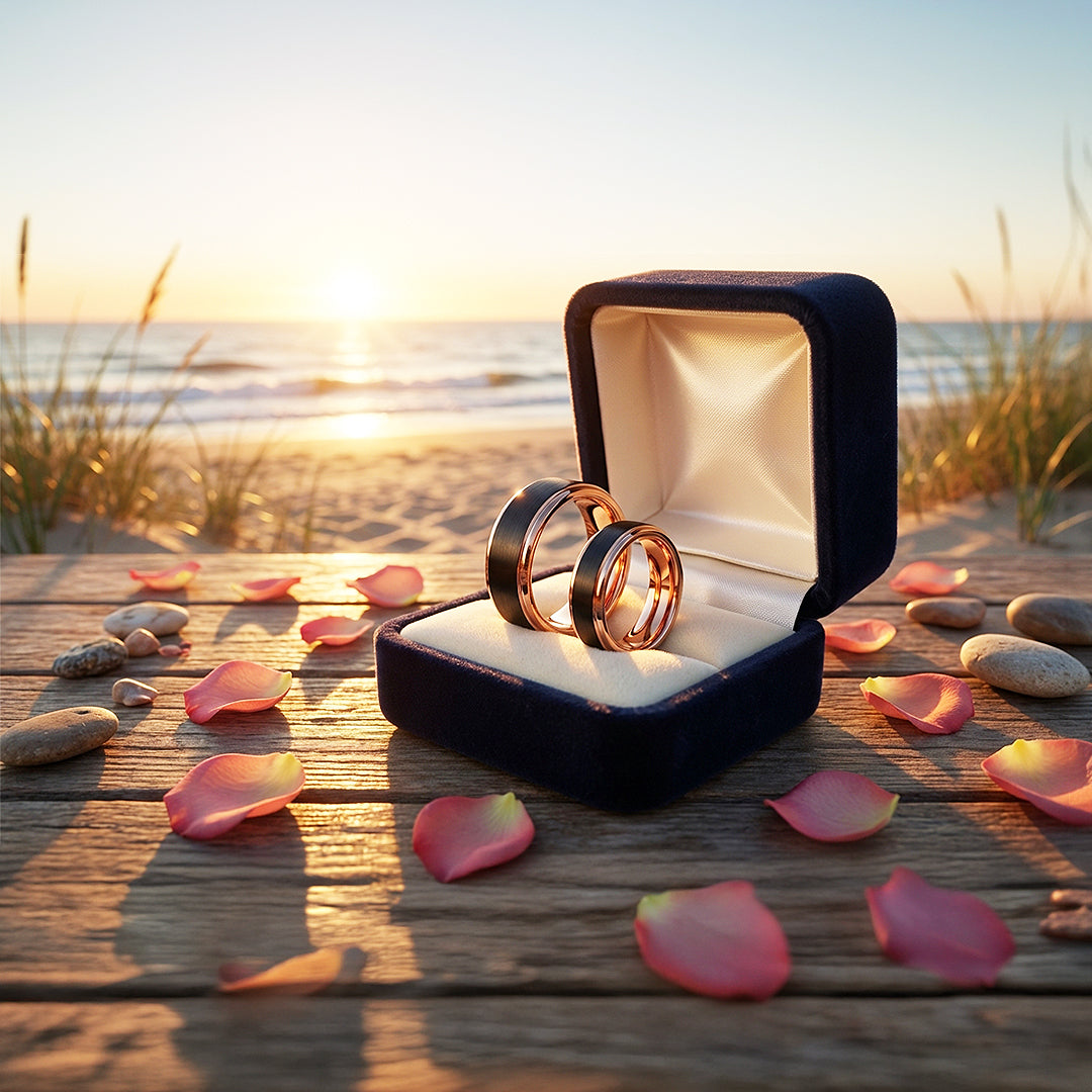 Finnick | Tungsten Couple Rings | Black & Rose Gold Wedding Bands