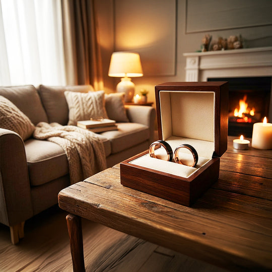 Finnick | Tungsten Couple Rings | Black & Rose Gold Wedding Bands