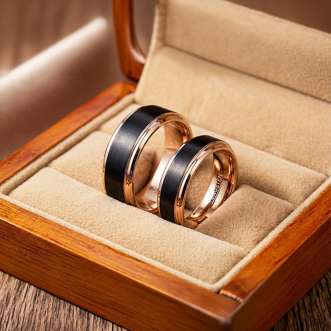 Finnick | Tungsten Couple Rings | Black & Rose Gold Wedding Bands