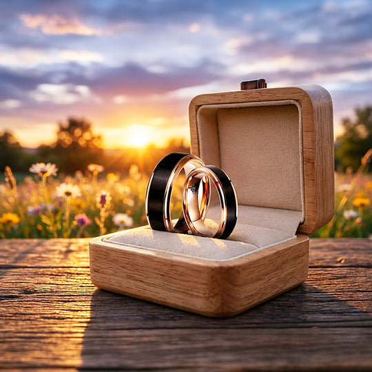 Finnick | Tungsten Couple Rings | Black & Rose Gold Wedding Bands