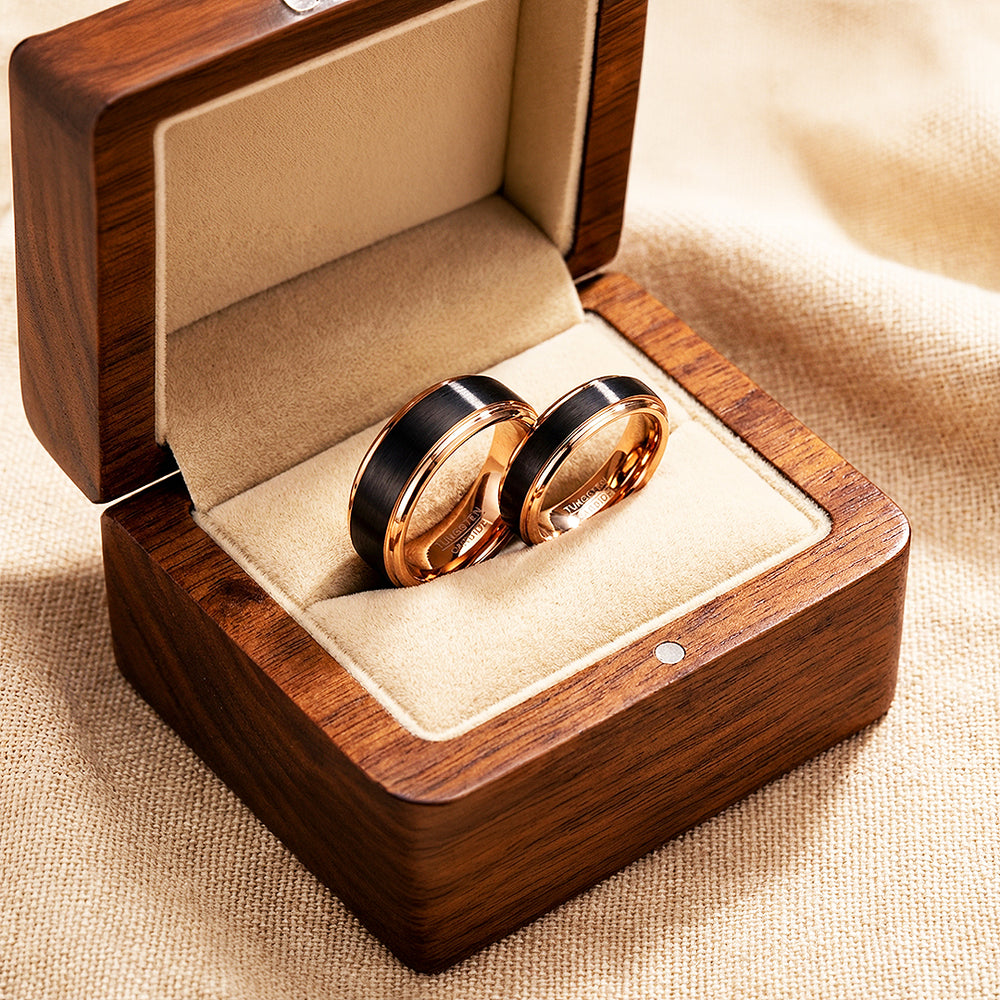 Finnick | Tungsten Couple Rings | Black & Rose Gold Wedding Bands