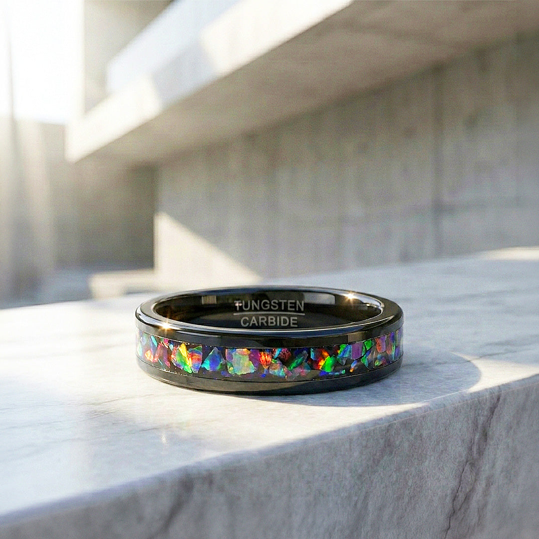 Fossil | Black High Polish Fire Opal Simulant Inlay Tungsten Carbide | Men&