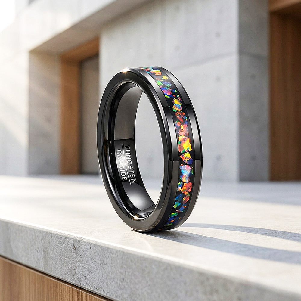 Fossil | Black High Polish Fire Opal Simulant Inlay Tungsten Carbide | Men's Ring