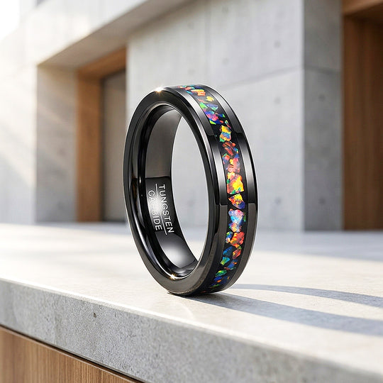 Fossil | Black High Polish Fire Opal Simulant Inlay Tungsten Carbide | Men&