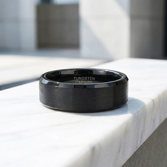 Fyodor | Black Matte Brushed Bevelled Edge Tungsten Carbide | Men&