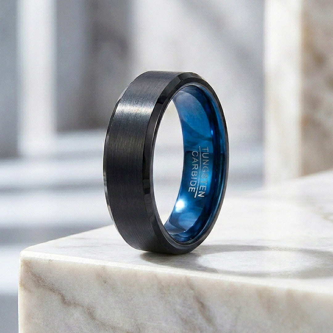 Gadget | Black Matte Bevelled Edge Blue Interior Tungsten Carbide | Men&
