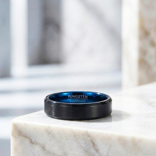 Gadget | Black Matte Bevelled Edge Blue Interior Tungsten Carbide | Men&