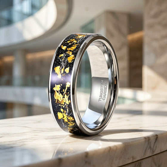 Golden Flakes | Silver High Polish Gold Foil Inlay Tungsten Ring | Men's Ring