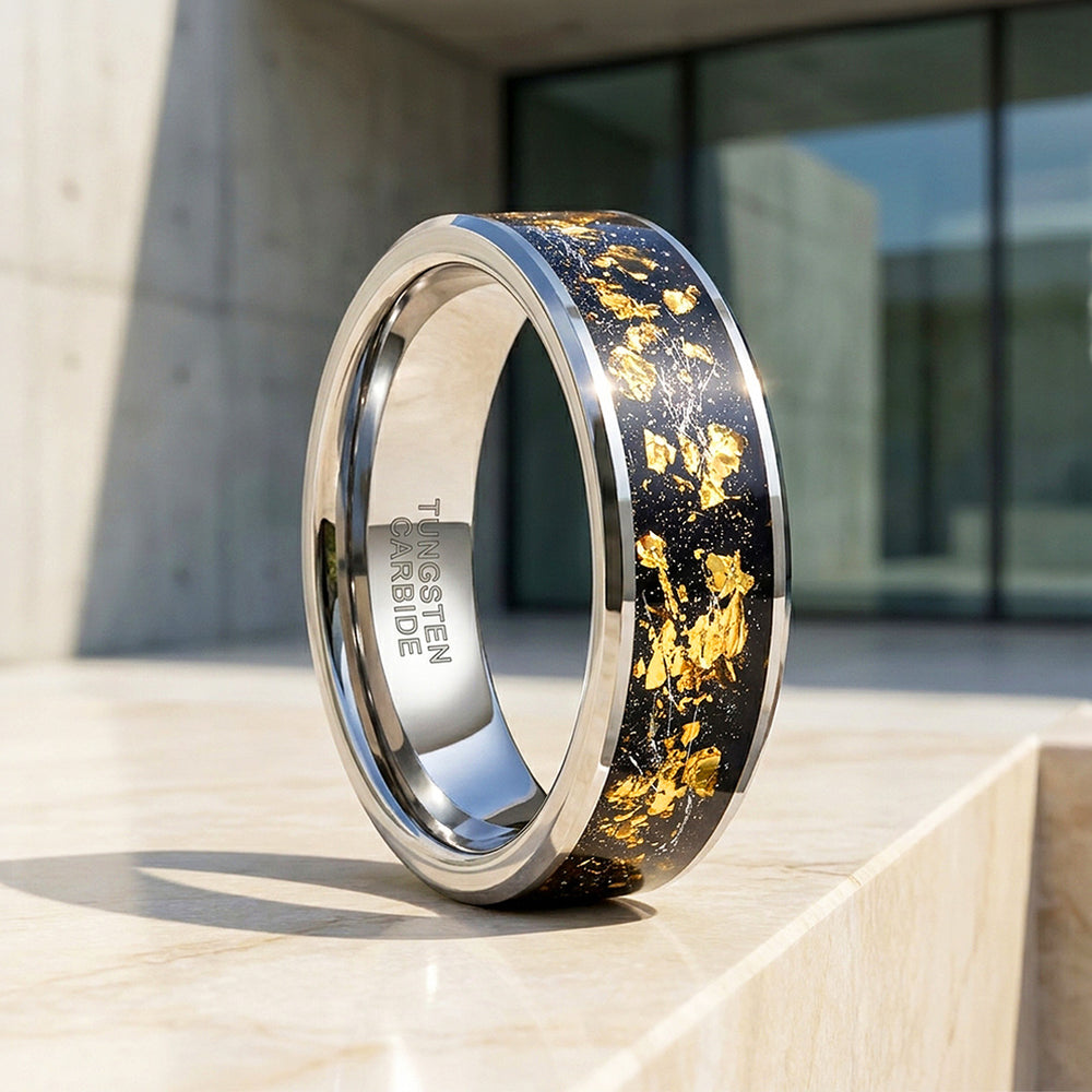 Golden Flakes | Silver High Polish Gold Foil Inlay Tungsten Ring | Men's Ring