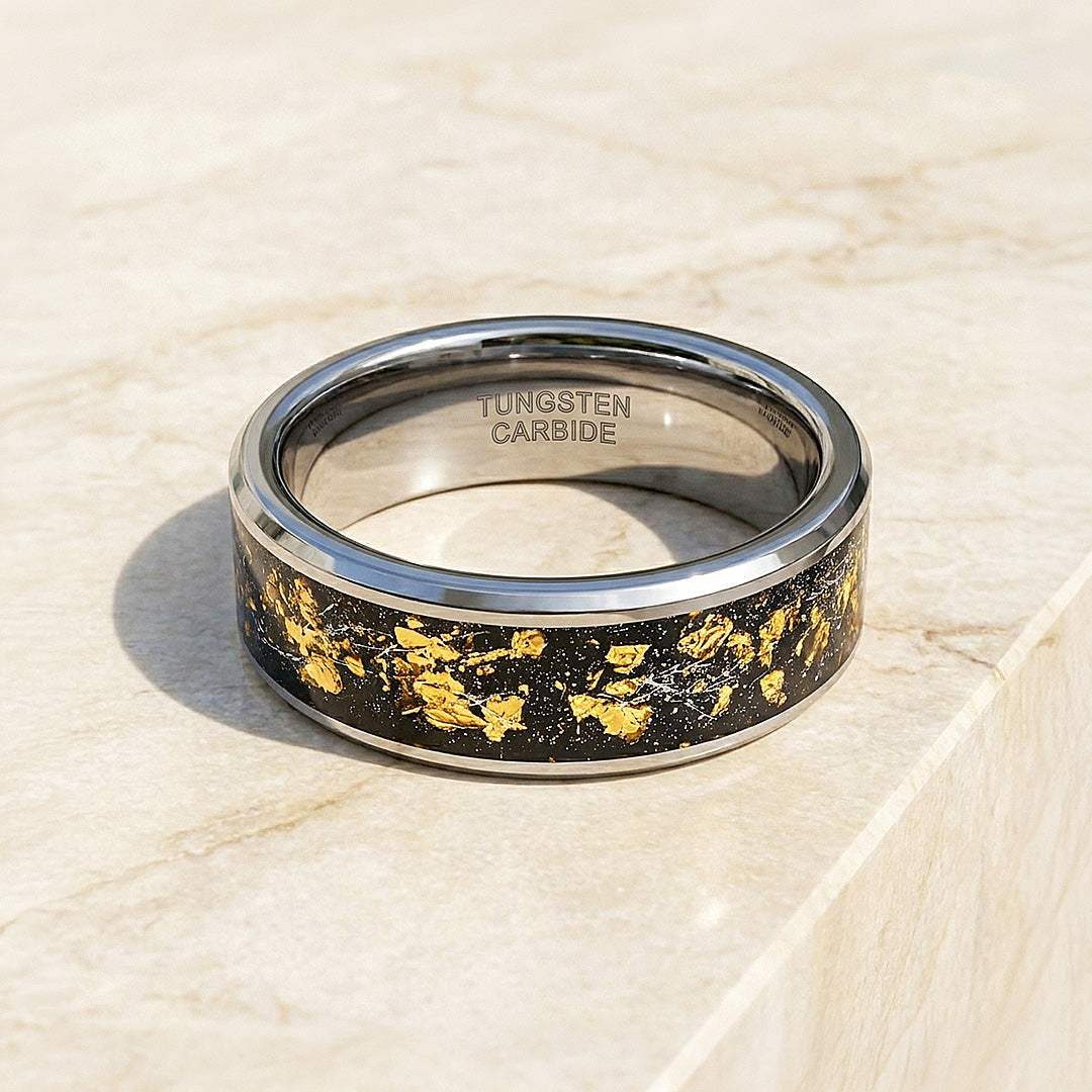 Golden Flakes | Silver High Polish Gold Foil Inlay Tungsten Ring | Men&
