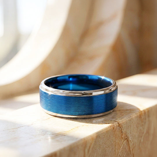 Grant | Brushed Blue and Silver Stepped Edge Tungsten Carbide | Men&