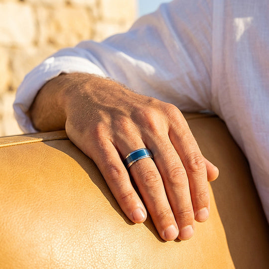 Grant | Brushed Blue and Silver Stepped Edge Tungsten Carbide | Men&