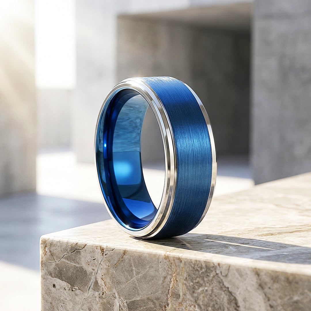 Grant | Brushed Blue and Silver Stepped Edge Tungsten Carbide | Men&