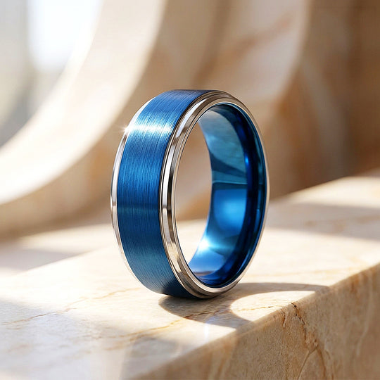 Grant | Brushed Blue and Silver Stepped Edge Tungsten Carbide | Men&