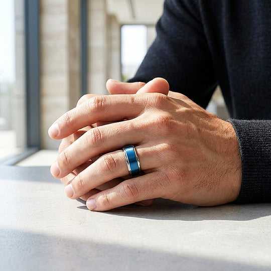 Grant | Brushed Blue and Silver Stepped Edge Tungsten Carbide | Men&