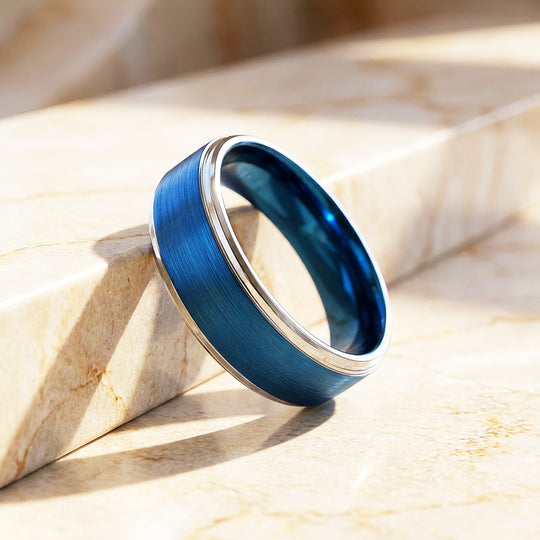 Grant | Brushed Blue and Silver Stepped Edge Tungsten Carbide | Men&