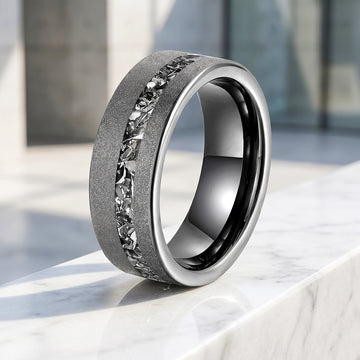 Gravel | Sandblasted Meteorite Fragment Inlay Tungsten Carbide Men's Ring