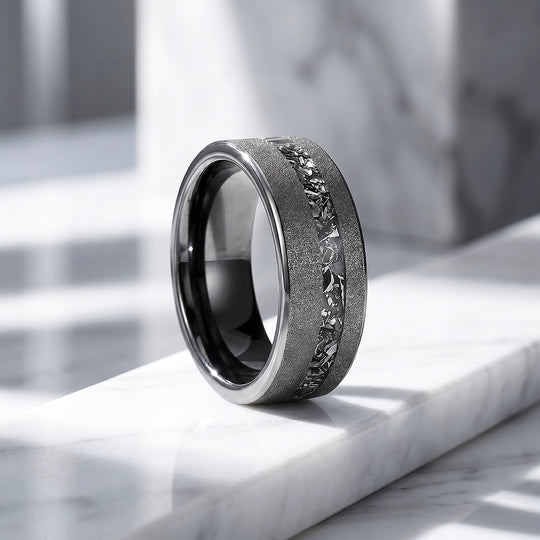 Gravel | Sandblasted Meteorite Fragment Inlay Tungsten Carbide Men&