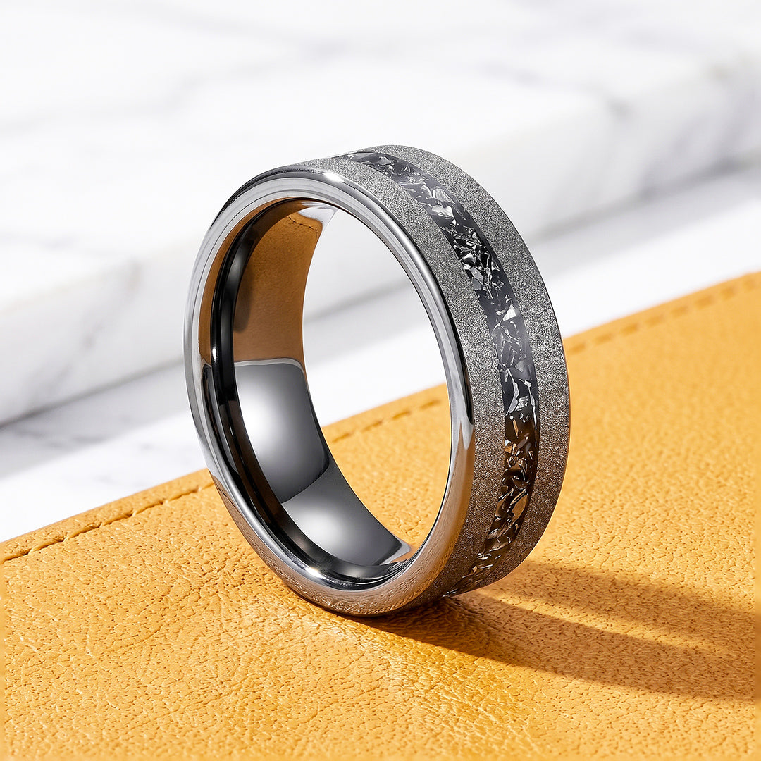 Gravel | Sandblasted Meteorite Fragment Inlay Tungsten Carbide Men&