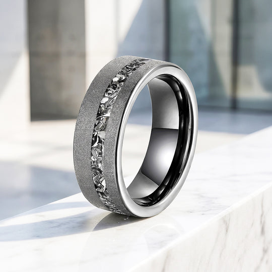 Gravel | Sandblasted Meteorite Fragment Inlay Tungsten Carbide Men&
