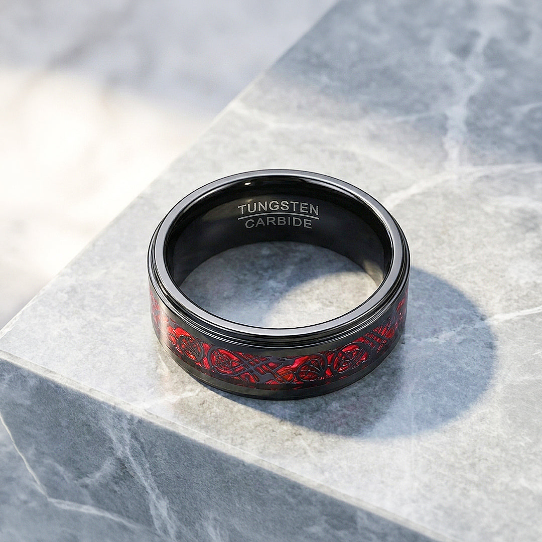 Haku | Celtic Red Carbon Fibre Inlay Black Tungsten Carbide | Men&