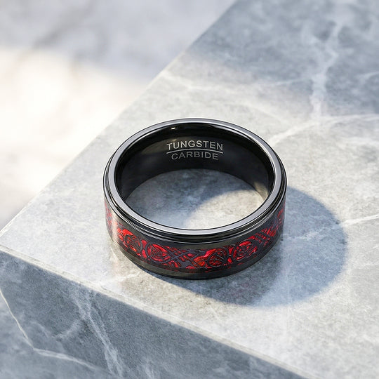 Haku | Celtic Red Carbon Fibre Inlay Black Tungsten Carbide | Men&