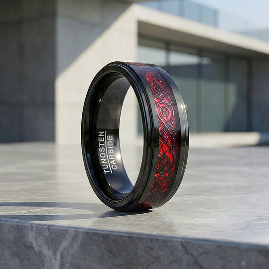 Haku | Celtic Red Carbon Fibre Inlay Black Tungsten Carbide | Men&