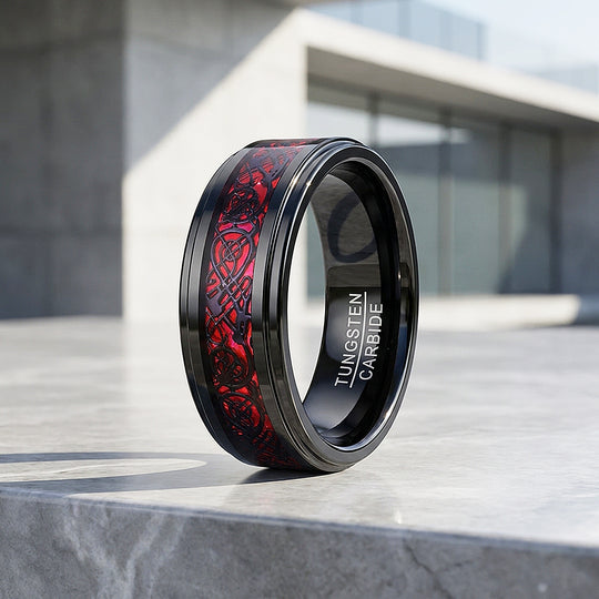 Haku | Celtic Red Carbon Fibre Inlay Black Tungsten Carbide | Men&