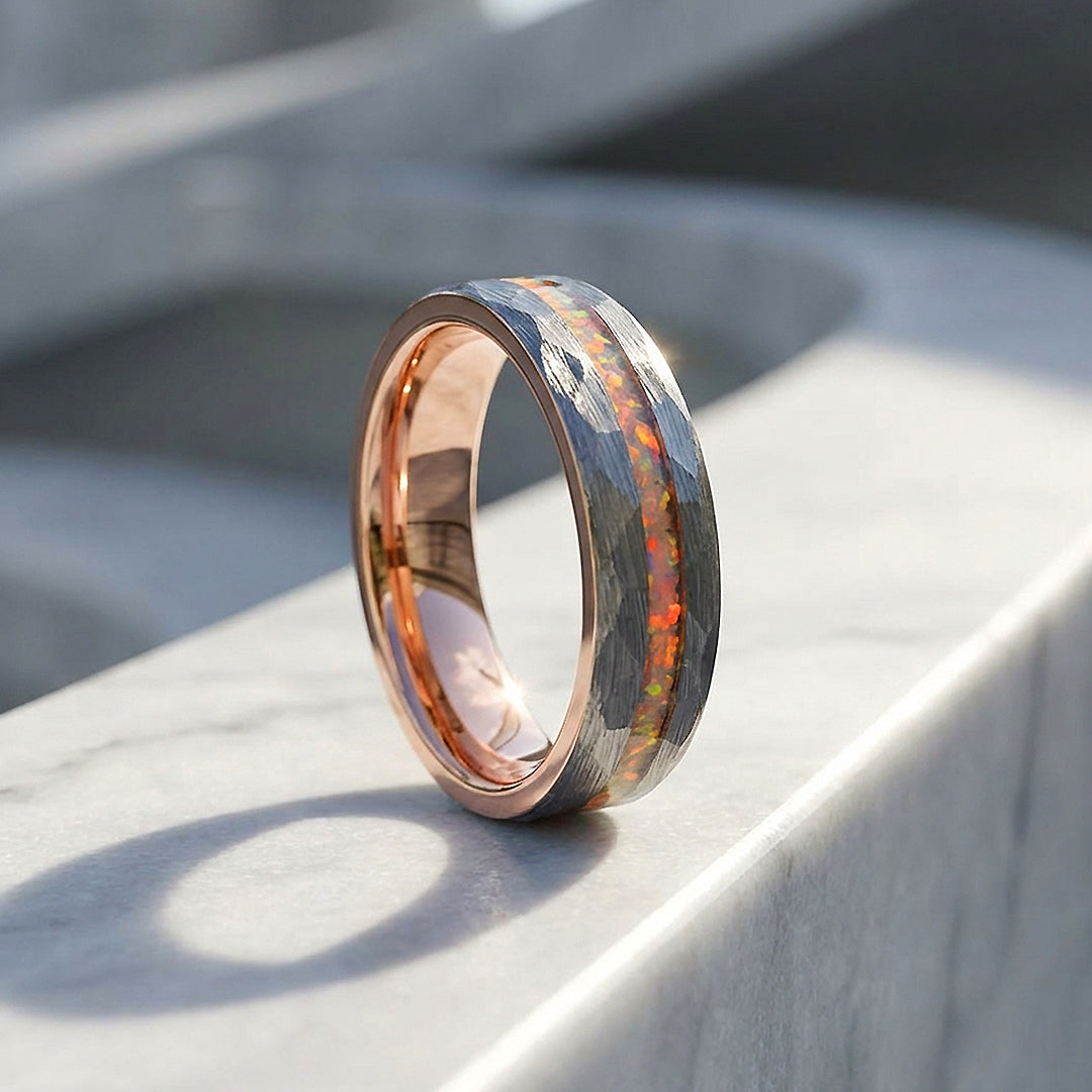 Halo Hammered Fire Opal Inlay Rose Gold Tungsten Carbide Ring