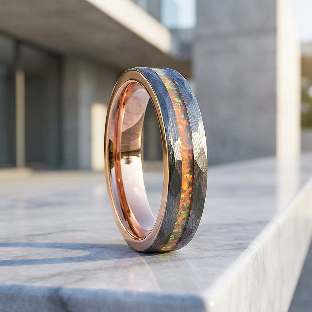 Halo Hammered Fire Opal Inlay Rose Gold Tungsten Carbide Ring