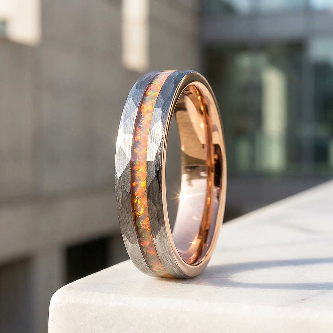 Halo Hammered Fire Opal Inlay Rose Gold Tungsten Carbide Ring