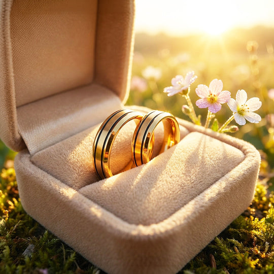 Hera | Brushed Center Dual Black Grooves Bevelled Flat Wedding Band